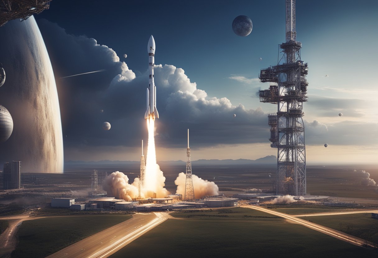 A rocket launching from a spaceport, surrounded by futuristic infrastructure and satellite communication arrays