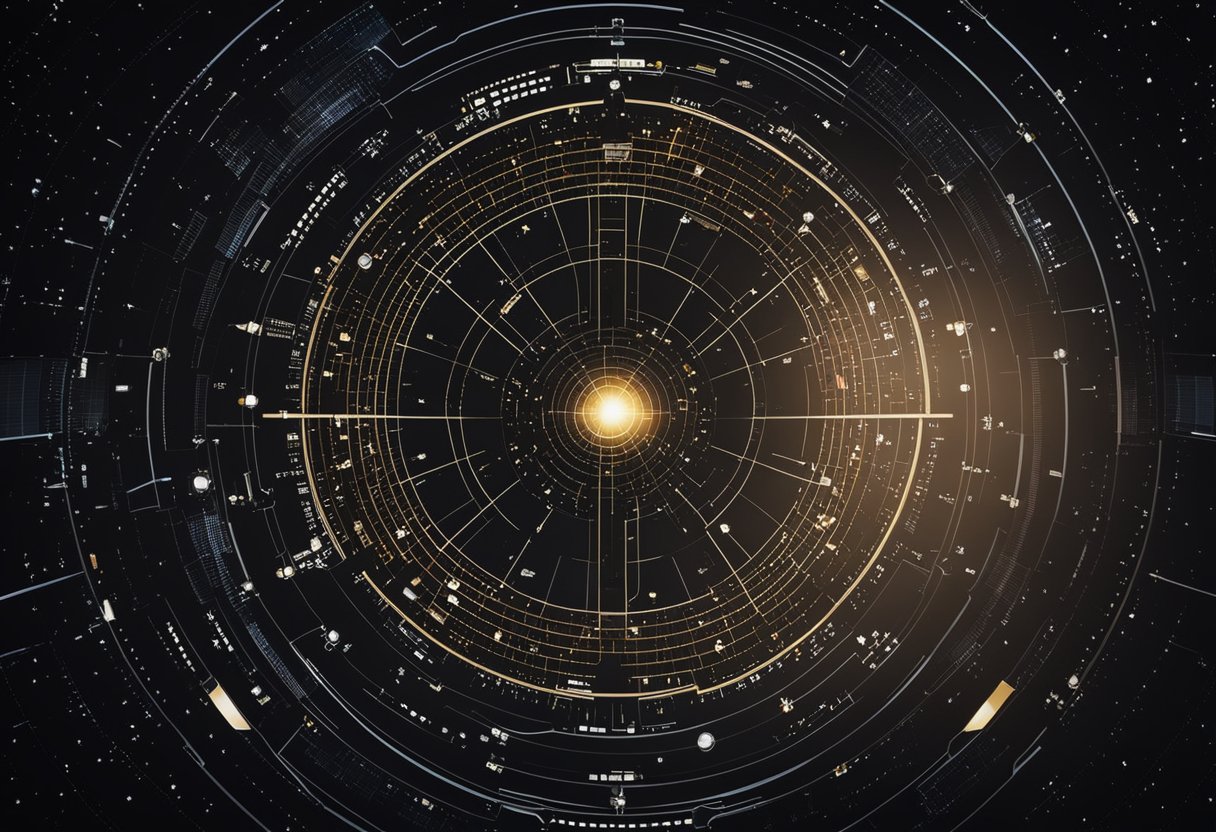 A spacecraft navigates through stars, transmitting data to a central hub. Charts and schedules display deep space travel itineraries