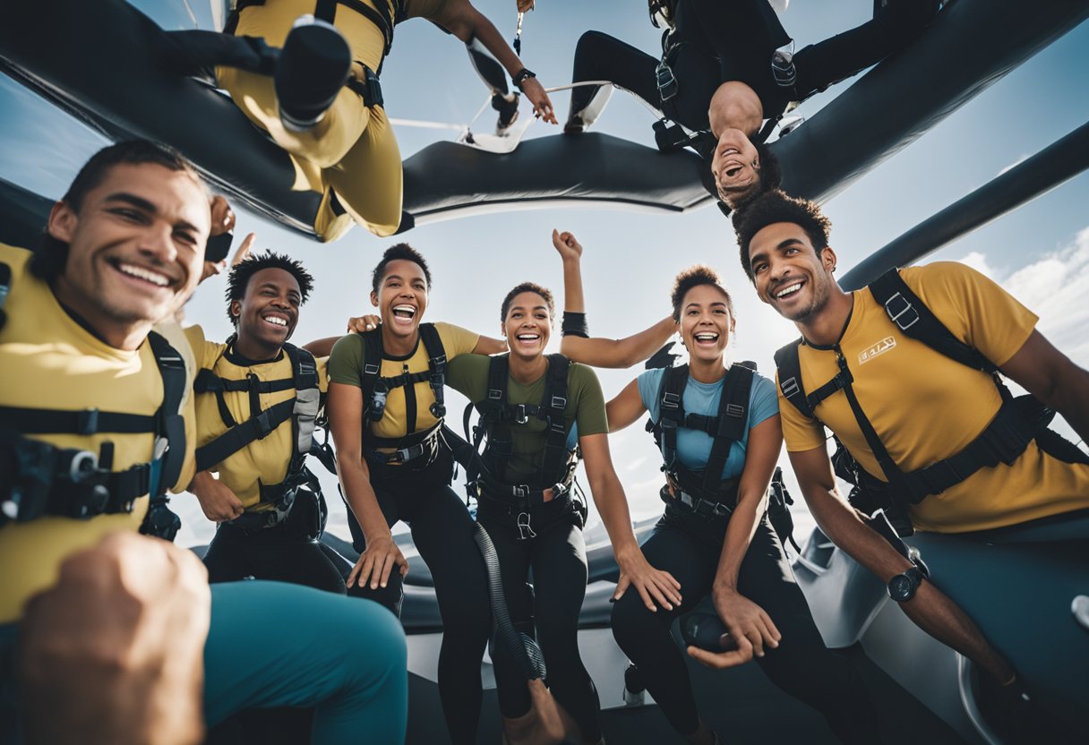 A group of people floating weightlessly, with smiles on their faces, as they experience a zero gravity adventure trip