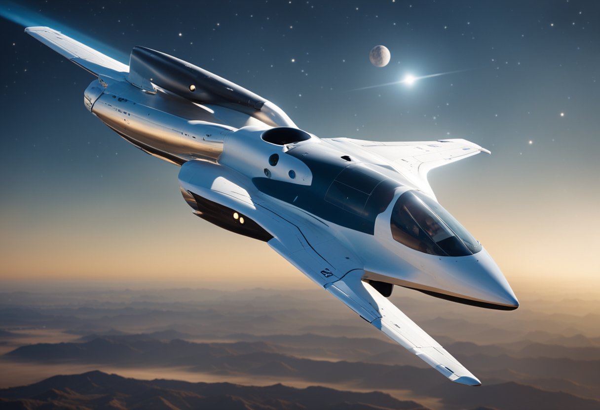 The Virgin Galactic spacecraft soars through the vast expanse of space, with Earth visible in the distance and other celestial bodies dotting the cosmic landscape