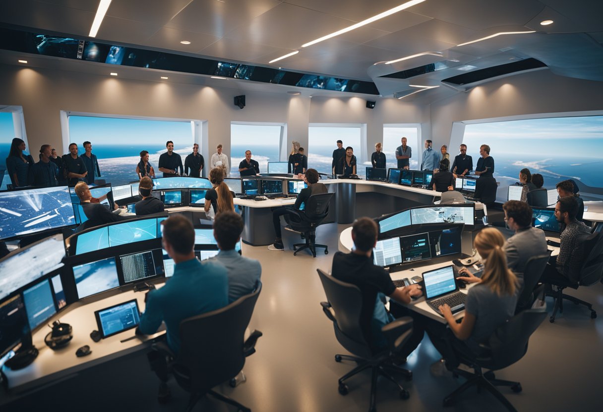 A group of excited customers receive hands-on training for Virgin Galactic space travel, surrounded by futuristic spacecraft and cutting-edge technology