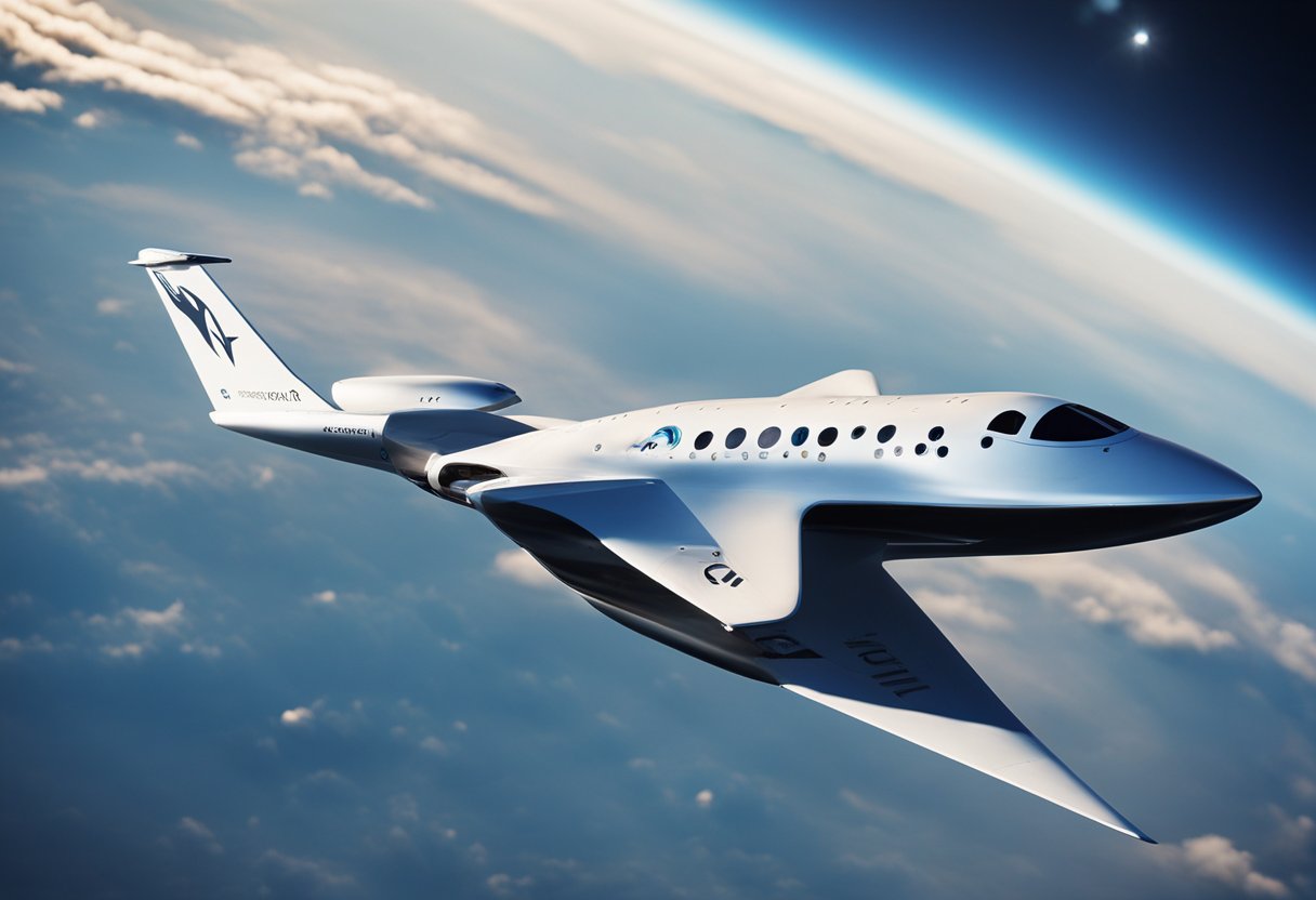 Virgin Galactic's spacecraft soaring through space, with various destinations and partnerships displayed in the background