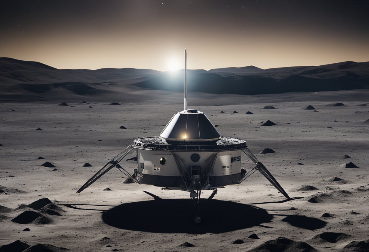 A SpaceX spacecraft lands on the moon's surface, with Earth visible in the background