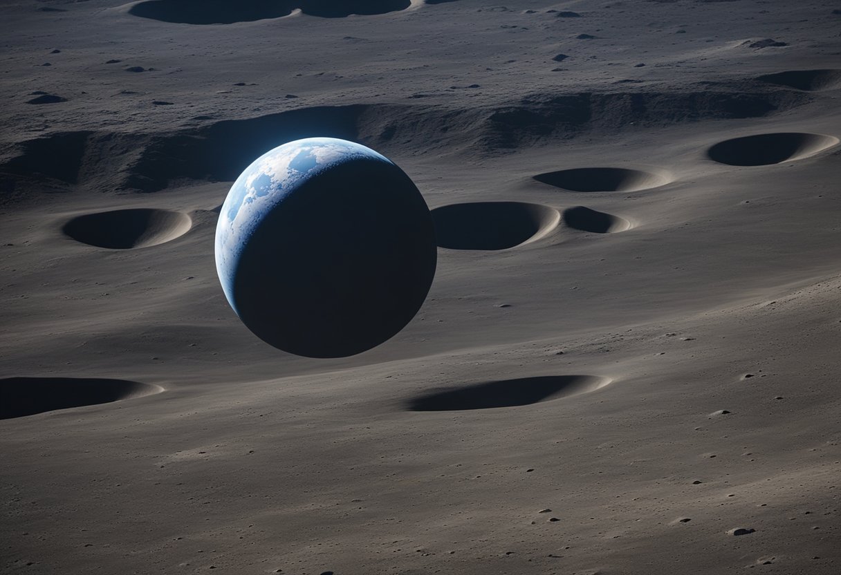 The SpaceX lunar tour soars past craters, casting long shadows in the moon's desolate landscape. The Earth hangs in the sky, a distant blue orb