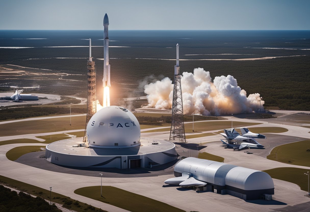 SpaceX rockets launch from a futuristic spaceport, with Earth in the background. Lunar tours depart, as astronauts prepare for exploration
