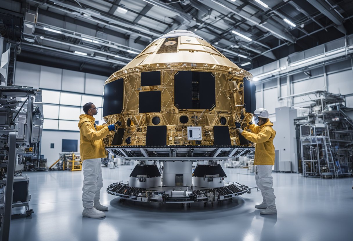 SpaceX engineers assemble lunar tour spacecraft in a high-tech facility, surrounded by advanced equipment and tools. The spacecraft stands ready for its upcoming mission to the moon