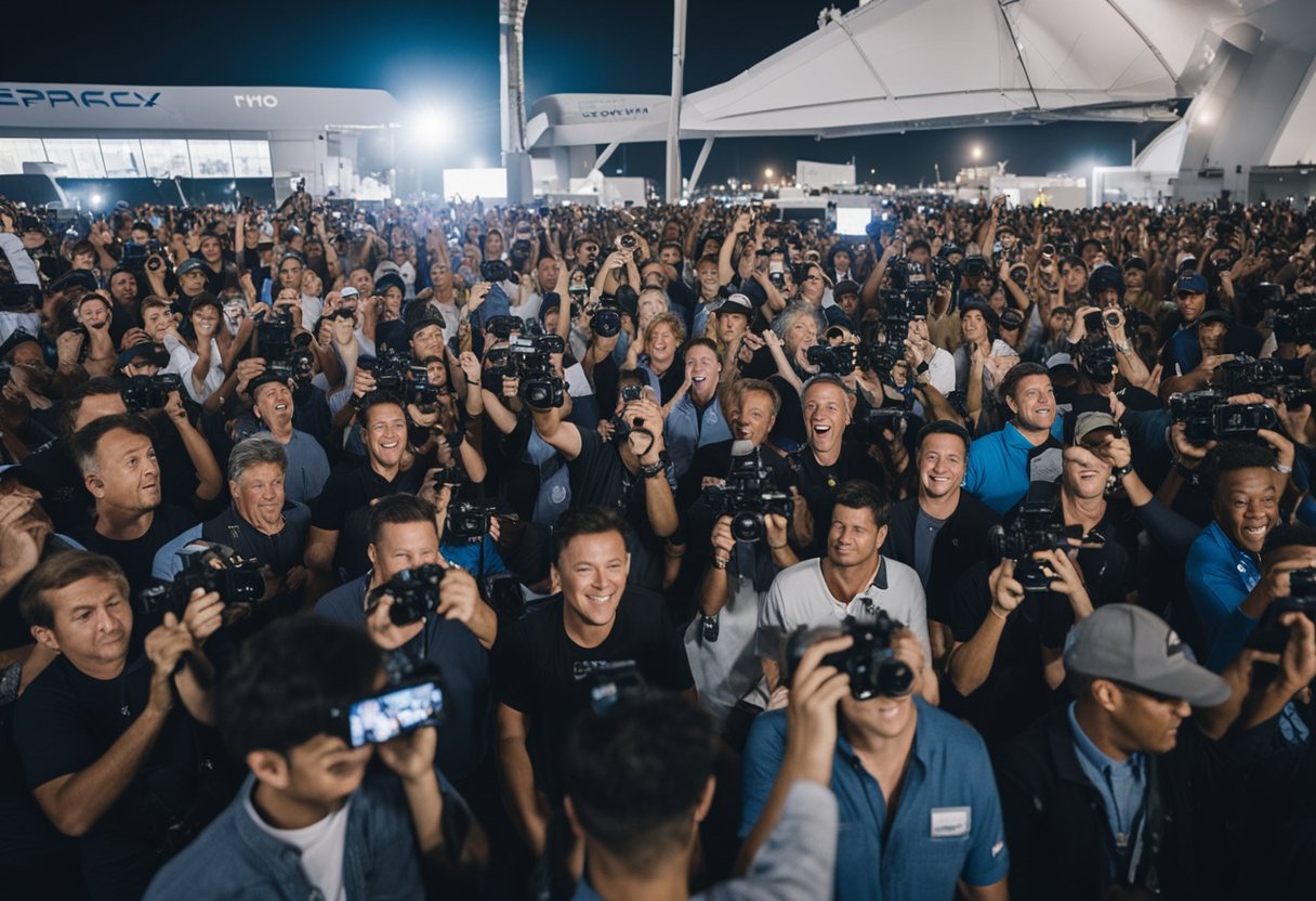Crowds gather, cameras flash, as SpaceX's lunar tours launch, capturing the public's excitement and media frenzy