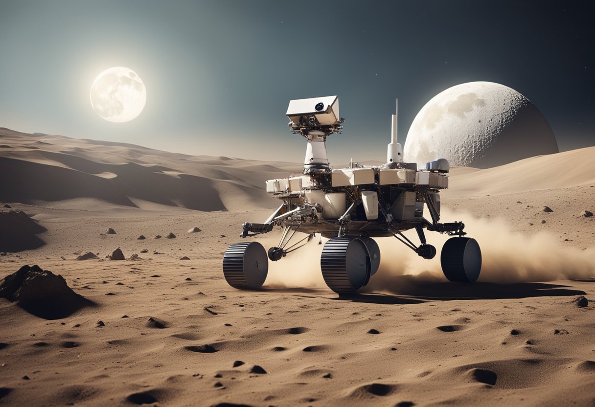 A spacecraft orbits the moon, while a rover explores its surface. A futuristic tourist shuttle approaches for a landing