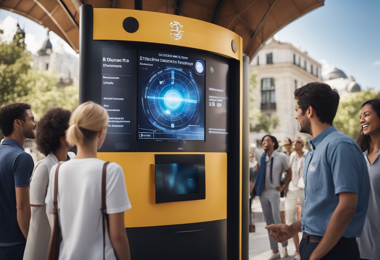 Tourists gather around an information kiosk, pointing and chatting excitedly about the Artemis program. A guide gestures towards a holographic display, answering questions
