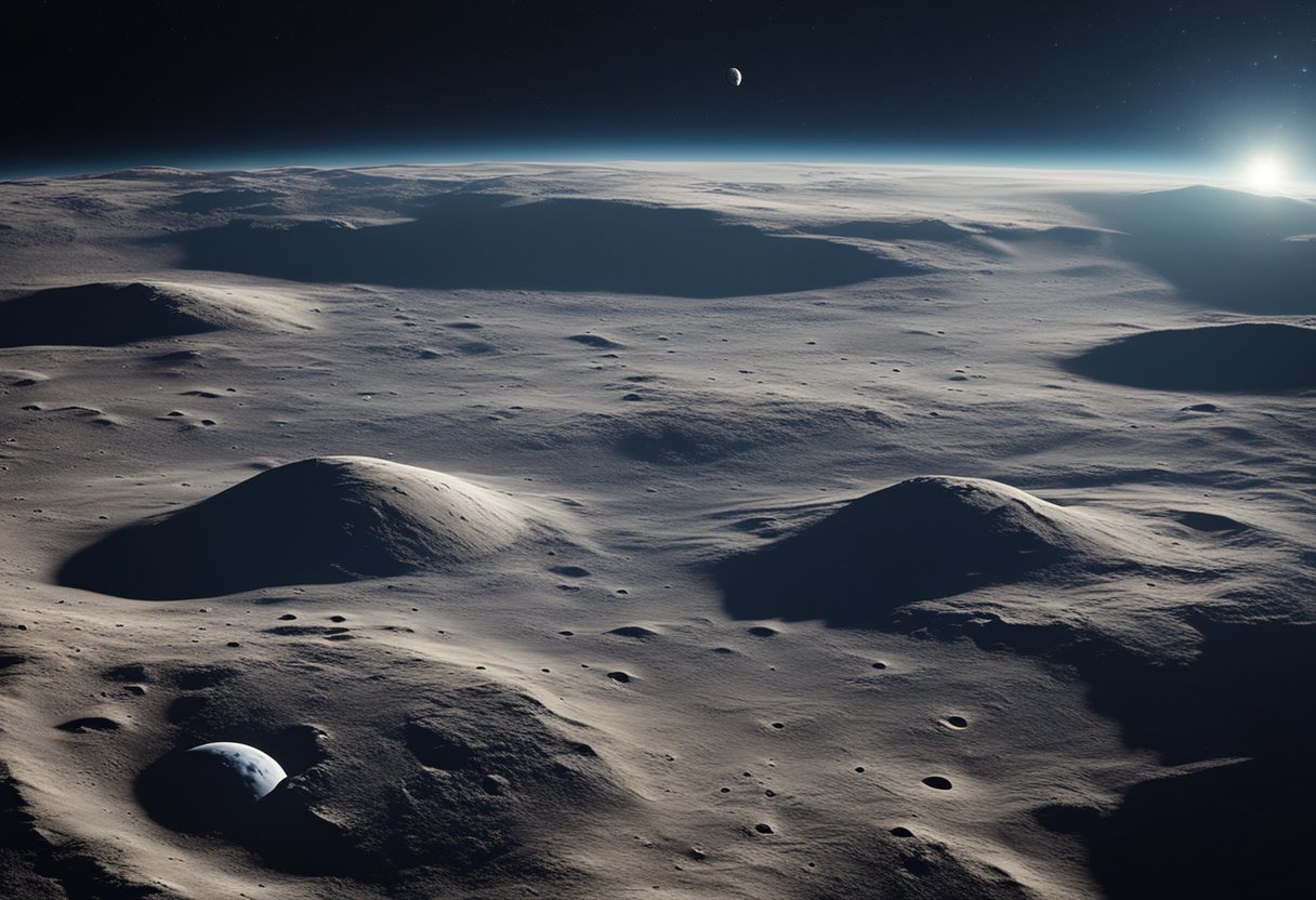 A spacecraft approaches the moon, with Earth in the background. The surface of the moon is visible, with craters and mountains