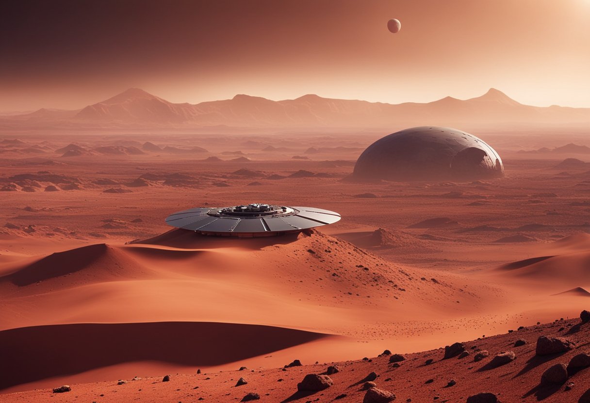 A red landscape with rocky terrain and a distant view of a futuristic Mars colony. Dust swirls in the air as a spacecraft lands nearby