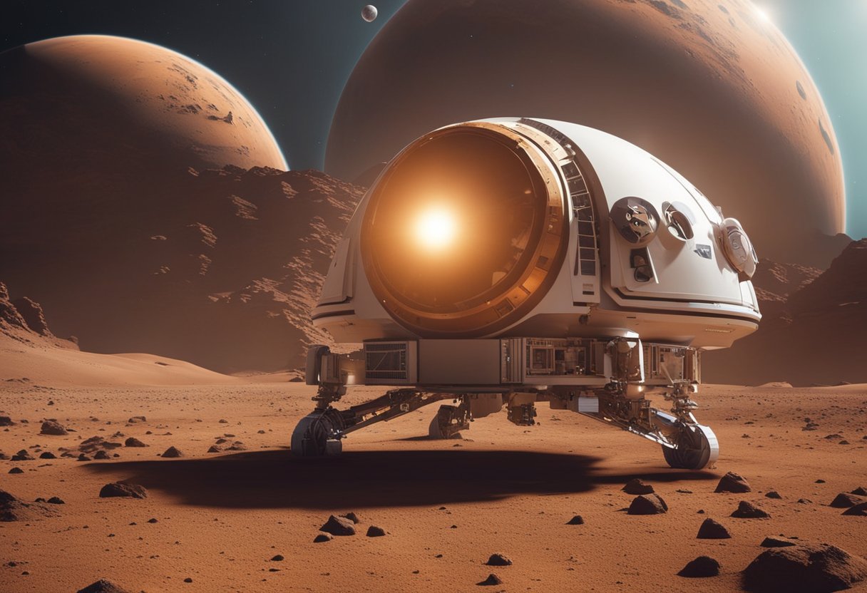 A spacecraft approaches Mars, surrounded by advanced technologies for the long journey