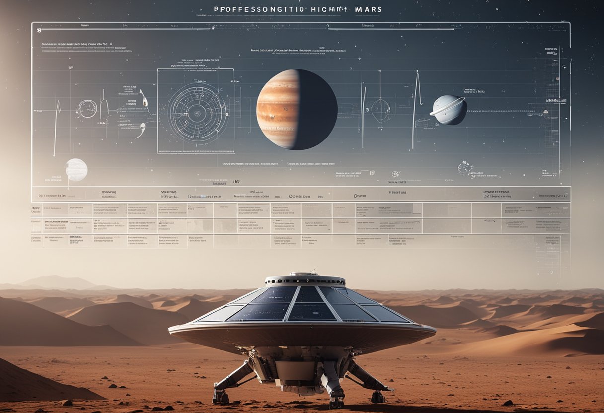 A spacecraft travels through space towards Mars, with a timeline and distance chart in the background