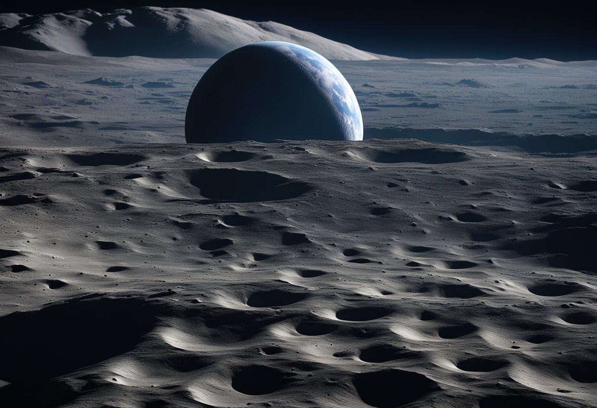 A spacecraft orbits the moon, capturing its rugged surface and deep craters. Earth hangs in the distance, a small blue dot against the black expanse of space
