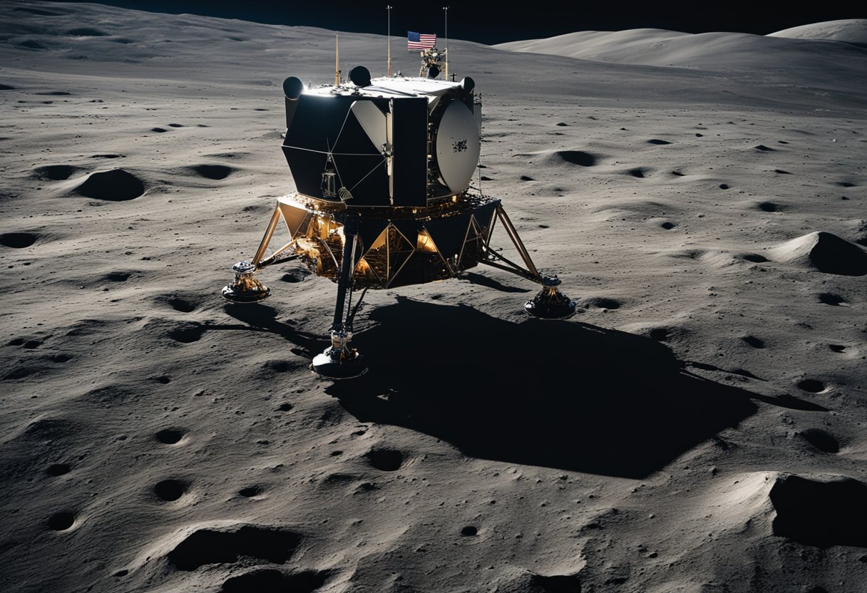 The lunar module orbits the moon, with craters and mountains visible below. Earth looms in the distance, casting a soft glow over the lunar surface
