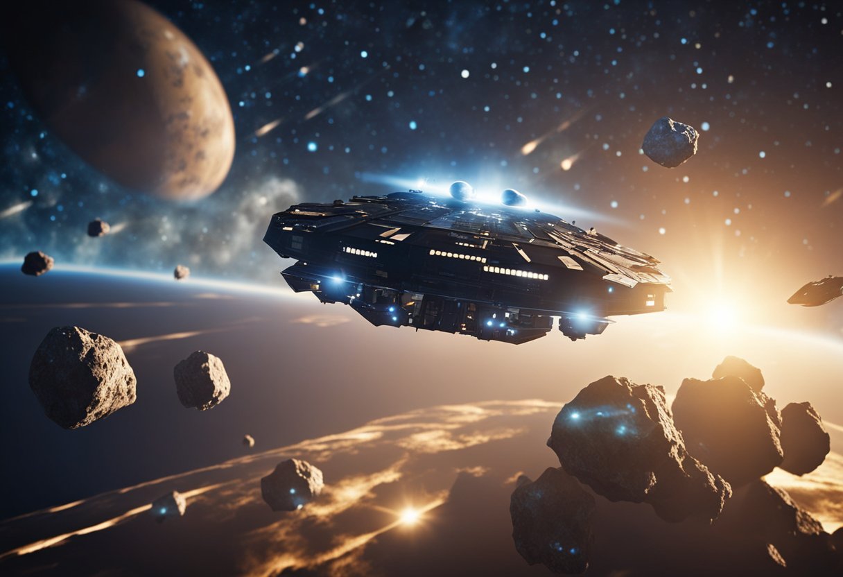 A spaceship approaches a cluster of asteroids, its solar panels glinting in the light as it prepares to embark on a historical voyage of discovery