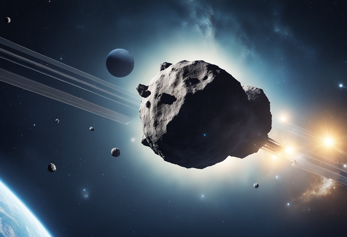 A spacecraft orbits an asteroid, while others are classified and charted for future voyages