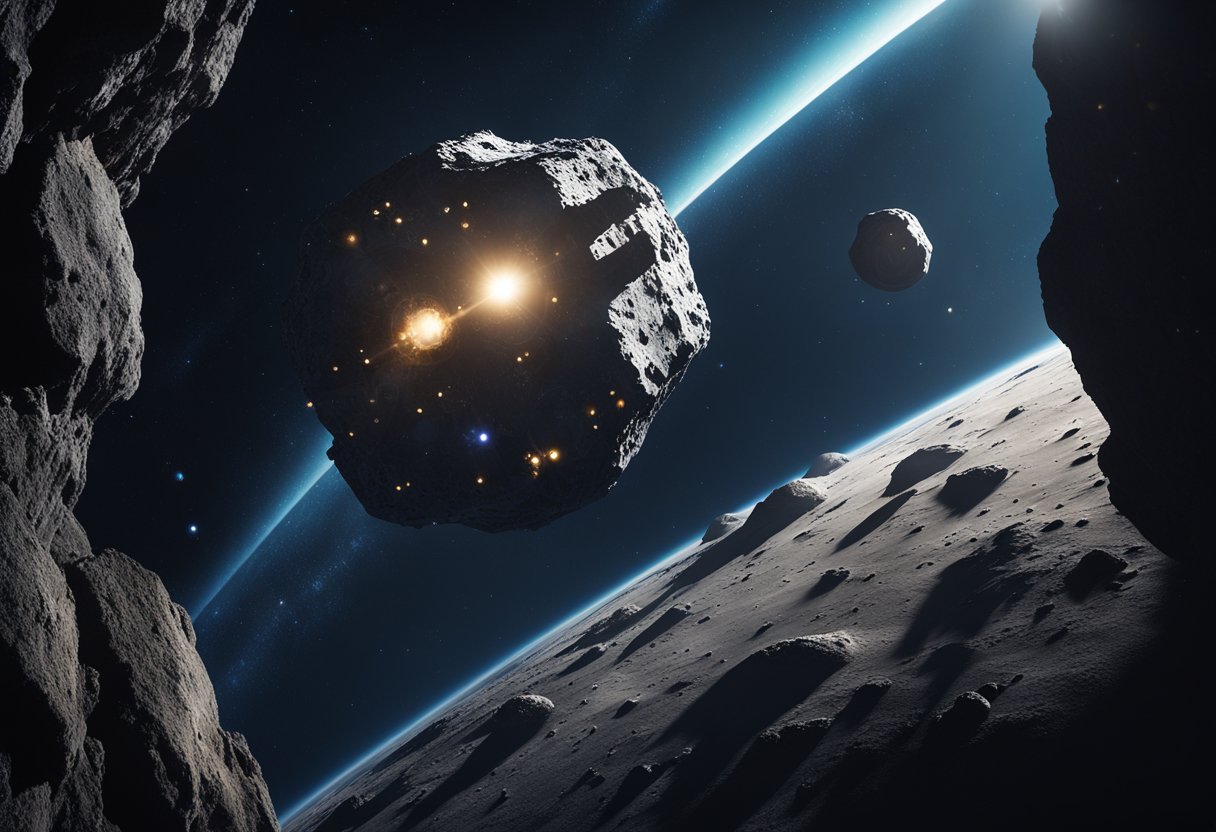 A spaceship approaches a large asteroid, with smaller rocks and debris floating around it in the darkness of space