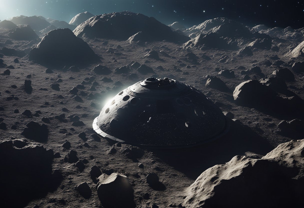 A spaceship approaches a massive asteroid, its surface pockmarked with craters. Debris floats in the vacuum of space as the vessel prepares to land