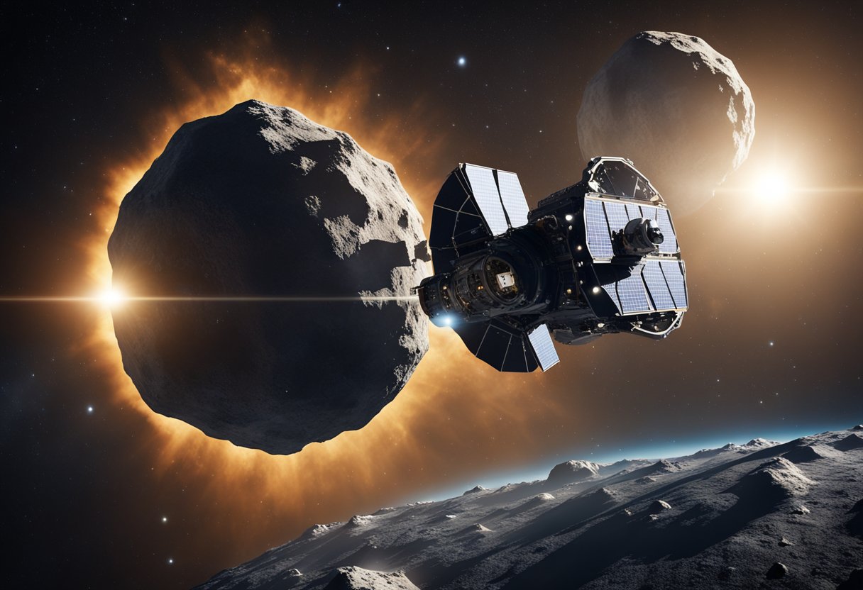 A spacecraft approaches a large asteroid, with solar panels and thrusters visible. The asteroid is rugged and pockmarked, with a dark, cratered surface