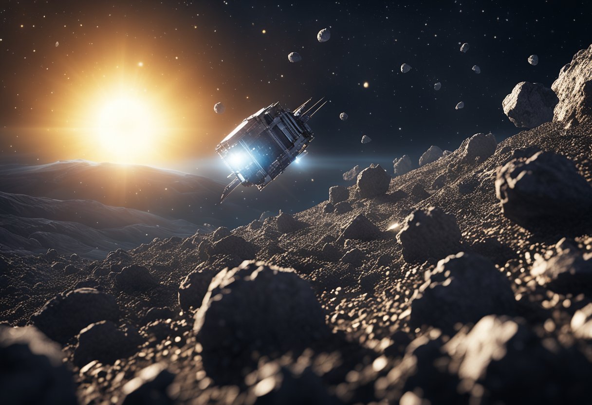A spacecraft navigates through a field of floating asteroids, with the sun shining brightly in the background