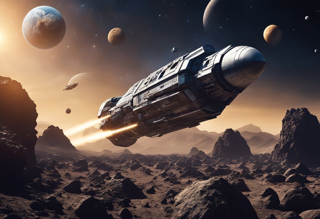A rocket ship approaches an asteroid field, with various spacecrafts navigating between the large rocky formations. Bright stars and distant planets fill the background