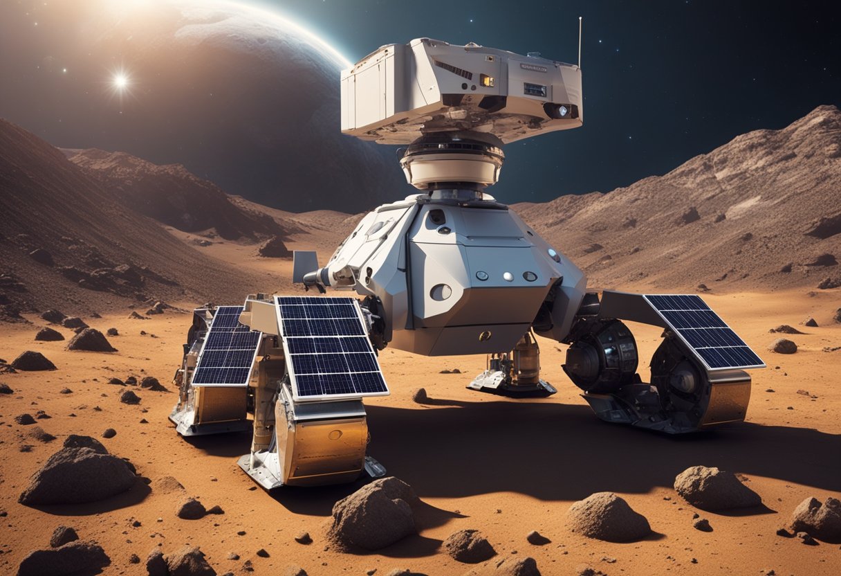 Robotic spacecraft extracting resources from an asteroid, with solar panels and mining equipment in the background