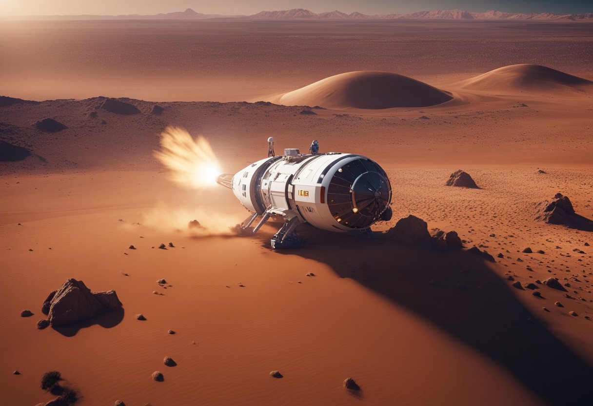 A rocket lands on Mars, unloading tourists eager to explore the red planet's surface and futuristic colonies
