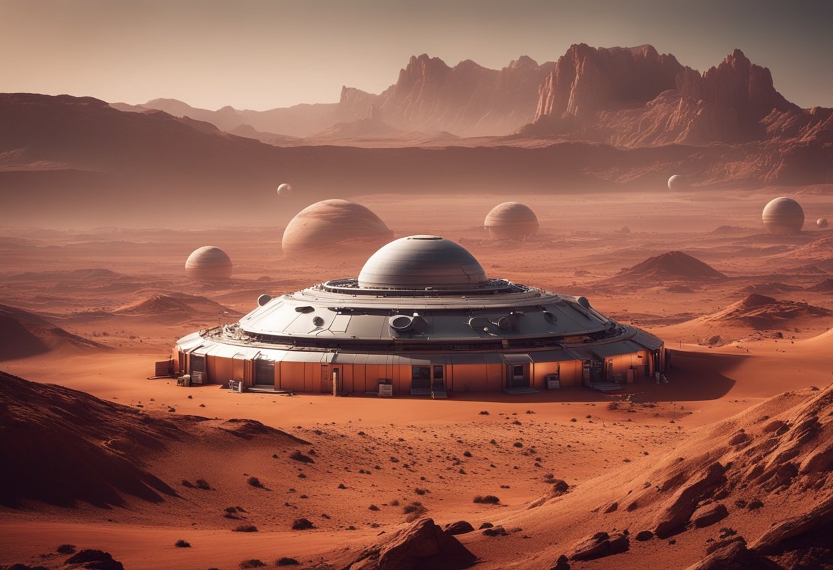 A red planet with futuristic colonies and tour groups exploring the Martian landscape