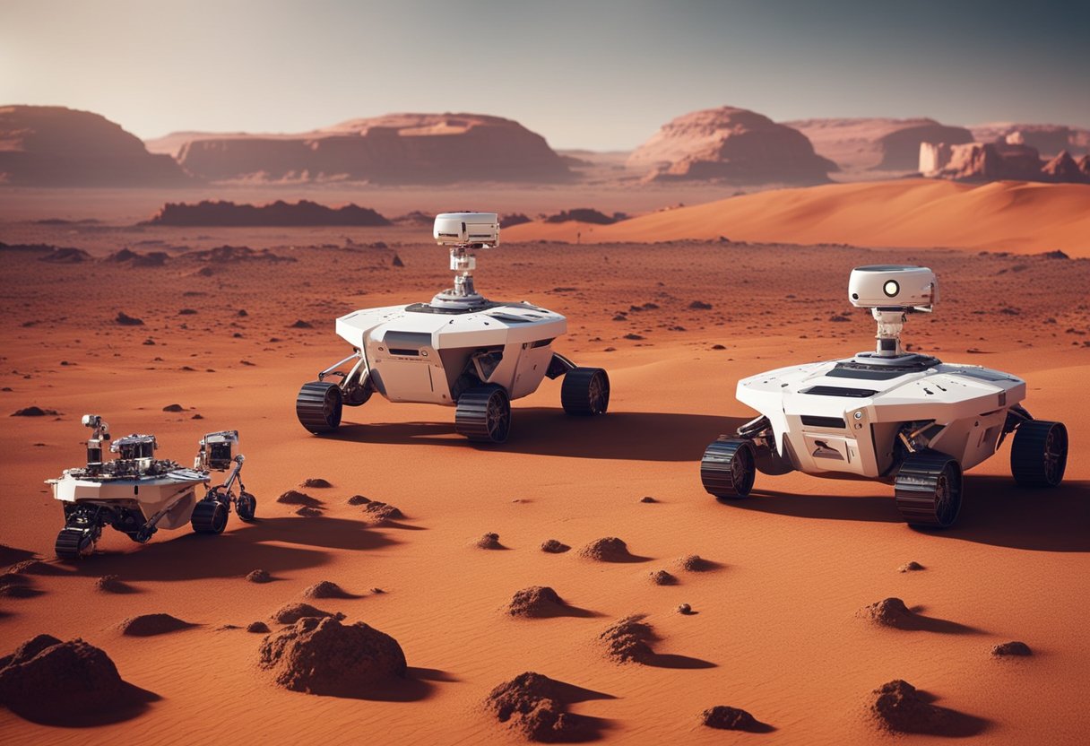 Robotic rovers traverse the red Martian landscape, collecting samples and conducting experiments. In the distance, a futuristic colony hums with activity as humans prepare for tours of the technological advances for Mars colonisation