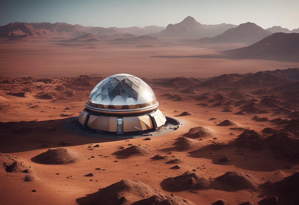 Mars colonisation challenges: harsh terrain, red rocky landscape, futuristic domed habitats, rovers exploring