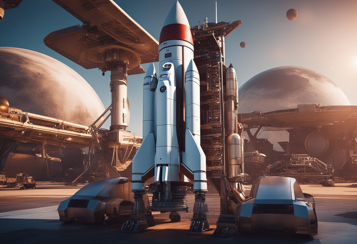 A rocket sits on a launch pad, surrounded by futuristic equipment and vehicles. The red planet looms in the background, ready for the next colonisation tour