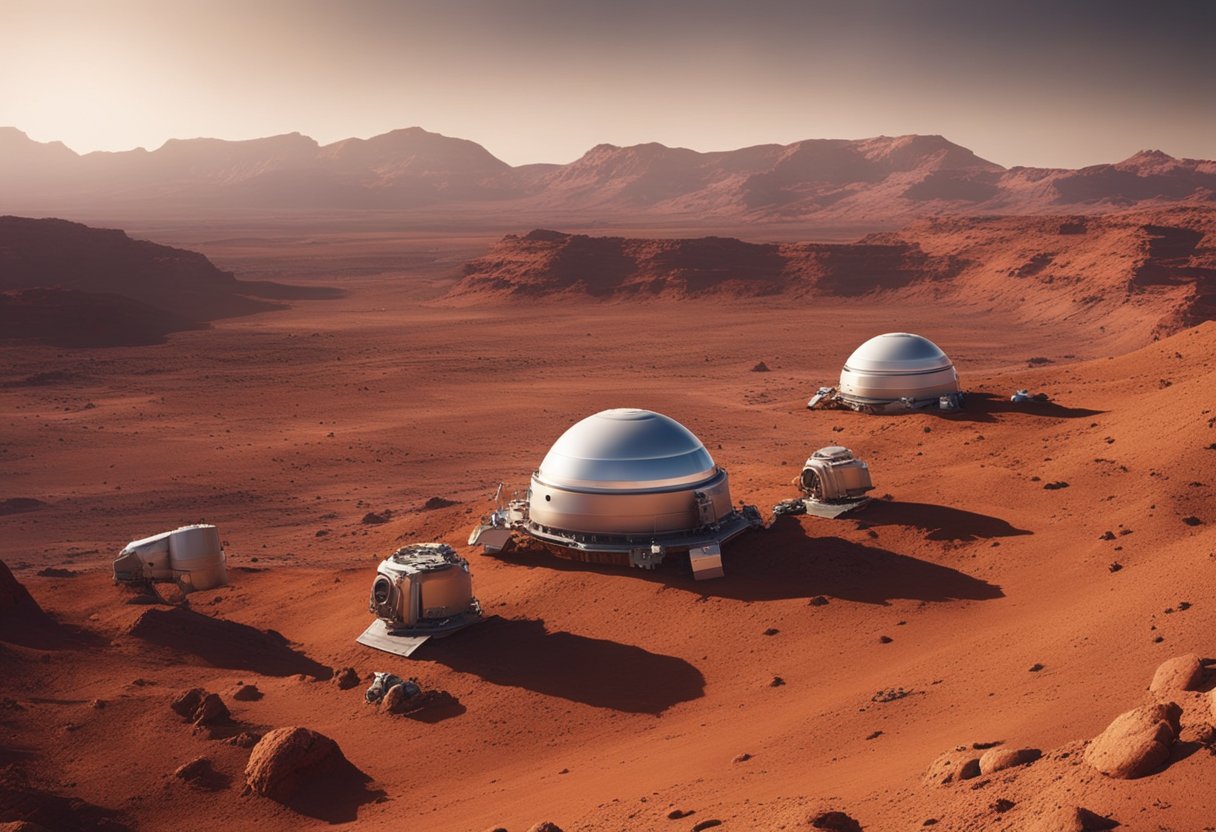Mars landscape with terraforming equipment and futuristic habitats. Red soil and rocky terrain with distant view of the planet's surface
