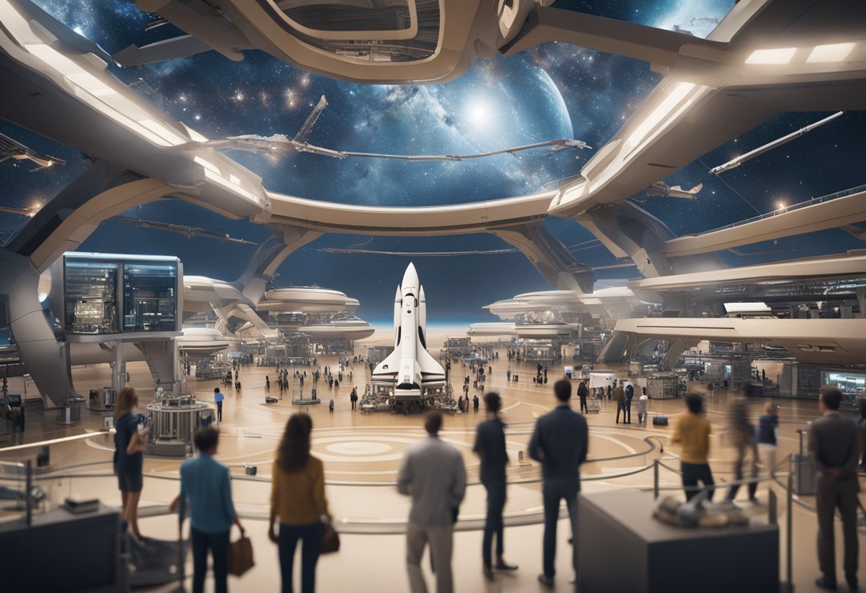 A bustling spaceport with rocket ships ready for Mars tours, as tourists and officials discuss ethical and economic implications