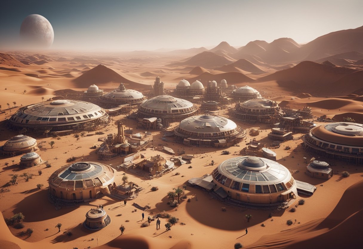 A bustling Mars colony with diverse architecture and people from different Earth cultures interacting and exchanging ideas