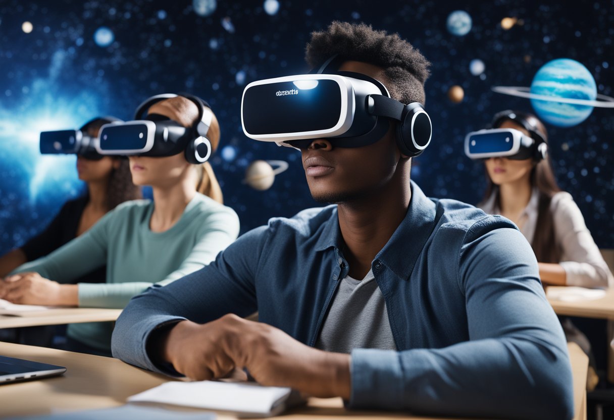 A classroom of diverse students using VR headsets to explore outer space, with planets and galaxies displayed around them