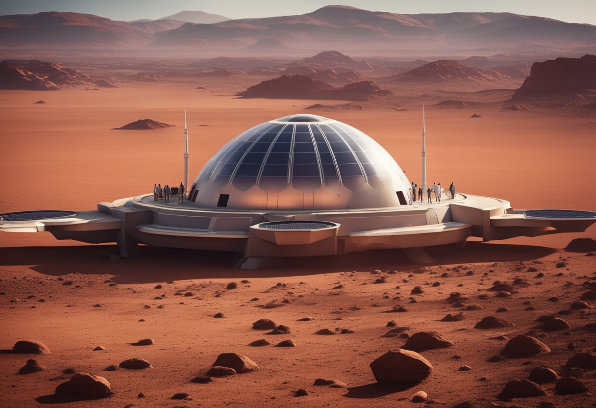 A rocket lands on Mars, releasing tourists onto the red, rocky landscape. A futuristic colony sits in the distance, with solar panels and domed buildings