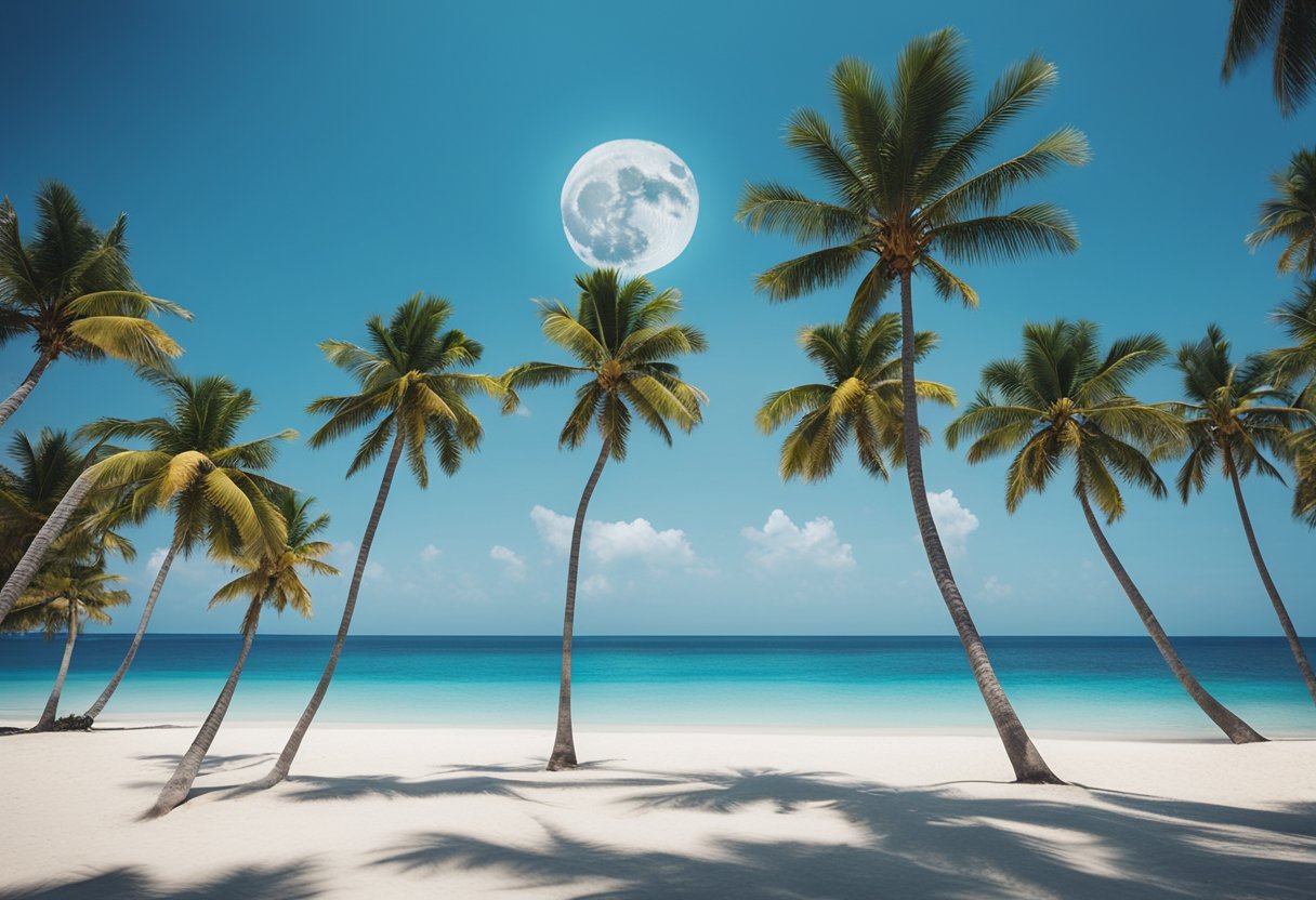 A serene beach with palm trees, crystal-clear water, and colorful tropical flowers. A clear blue sky with a full moon shining down on the tranquil scene