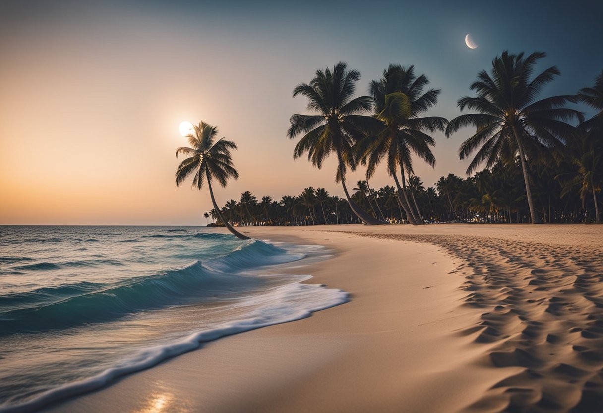 The moon shines over a tranquil beachfront with palm trees and a calm ocean, showcasing the serene setting of Beachfront Bliss Moon travel packages