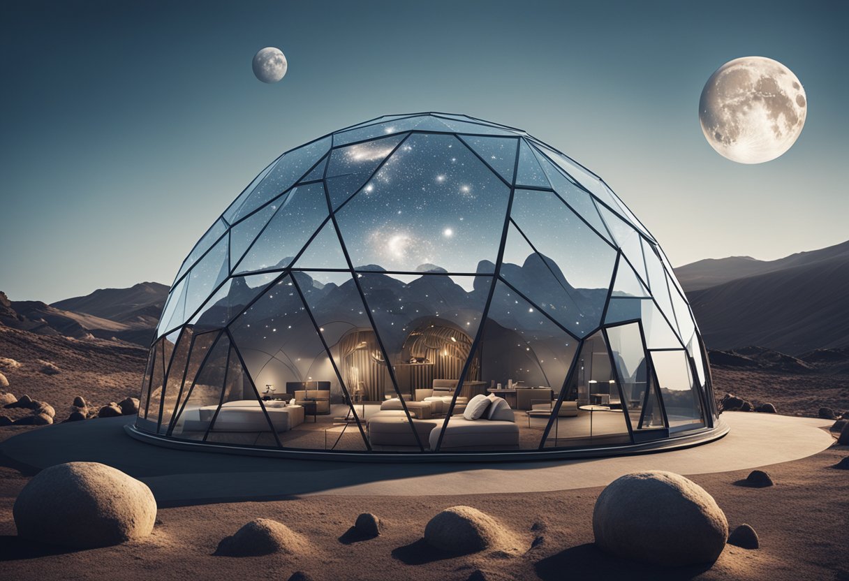 A dome-shaped glass accommodation nestled in a lunar landscape, surrounded by craters and a star-filled sky