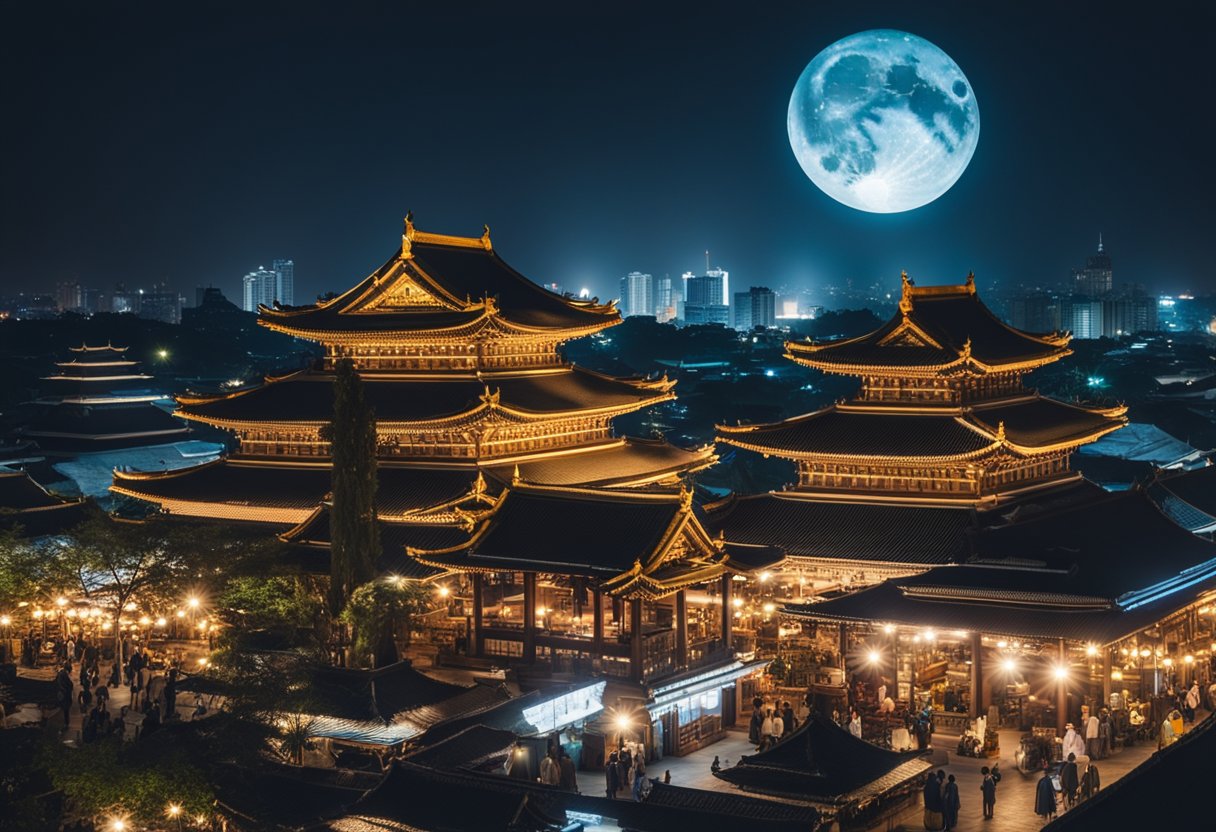 A bustling marketplace surrounded by ancient temples and historic landmarks, with a backdrop of a full moon in the night sky