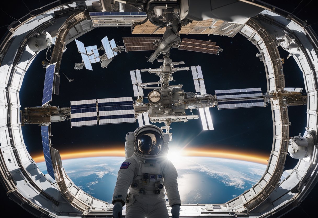 The International Space Station orbits Earth, with solar panels extended and astronauts working on experiments inside