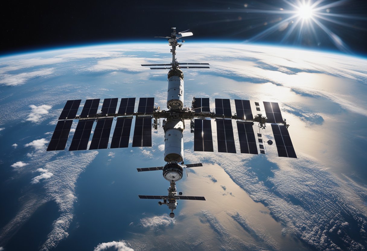 The International Space Station floats above Earth, with solar panels glinting in the sunlight. A crew capsule approaches for a rendezvous, while Earth looms large in the background