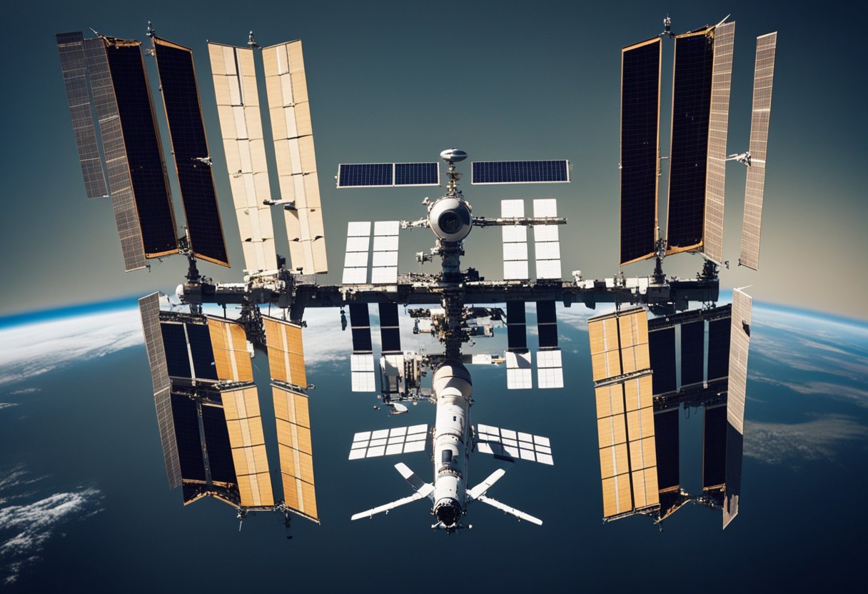 The International Space Station floats in the vastness of space, with spacecraft docked and astronauts conducting experiments