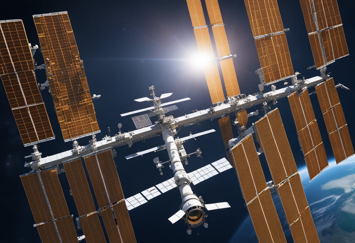 The International Space Station orbits Earth, with solar panels extended and communication antennas pointed towards the planet