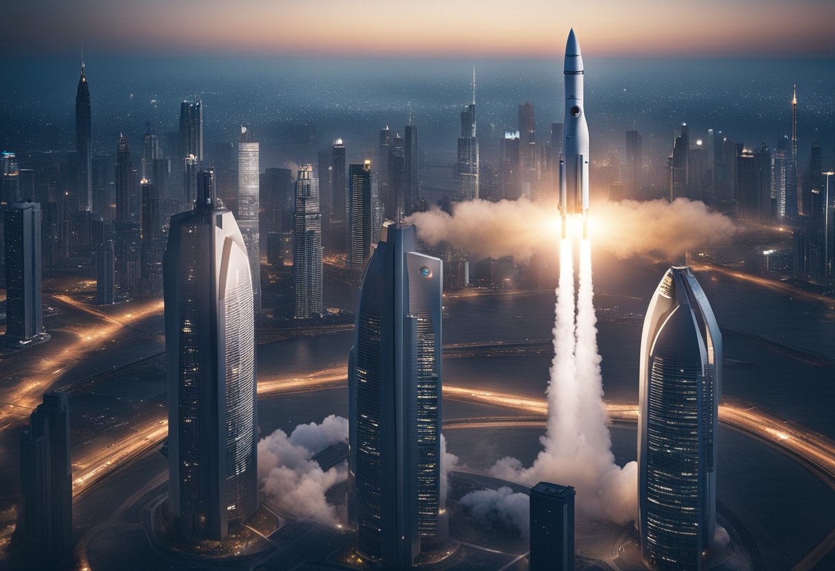 A rocket launches from a futuristic spaceport, surrounded by towering skyscrapers and bustling with activity. Beyond, the vast expanse of space beckons, with distant planets and stars visible in the cosmic backdrop