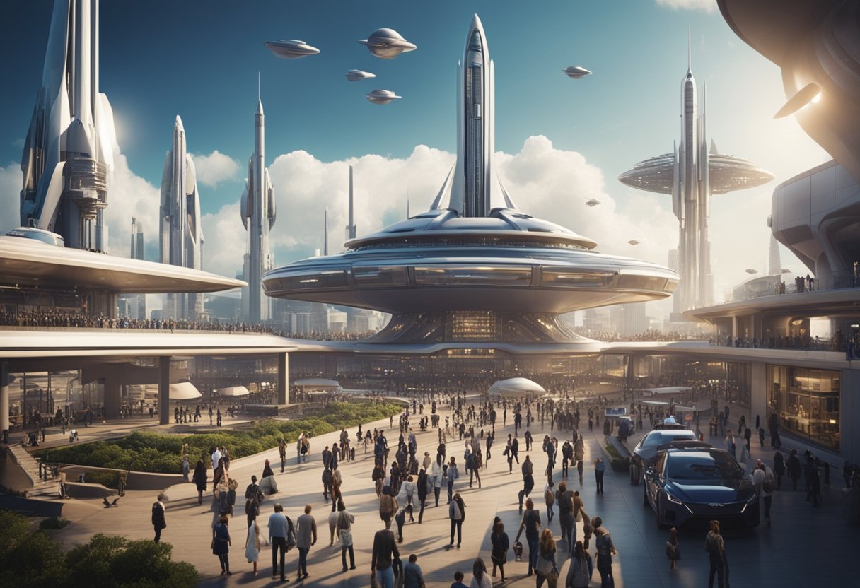 A bustling spaceport with rocket ships launching and landing, surrounded by futuristic architecture and bustling crowds