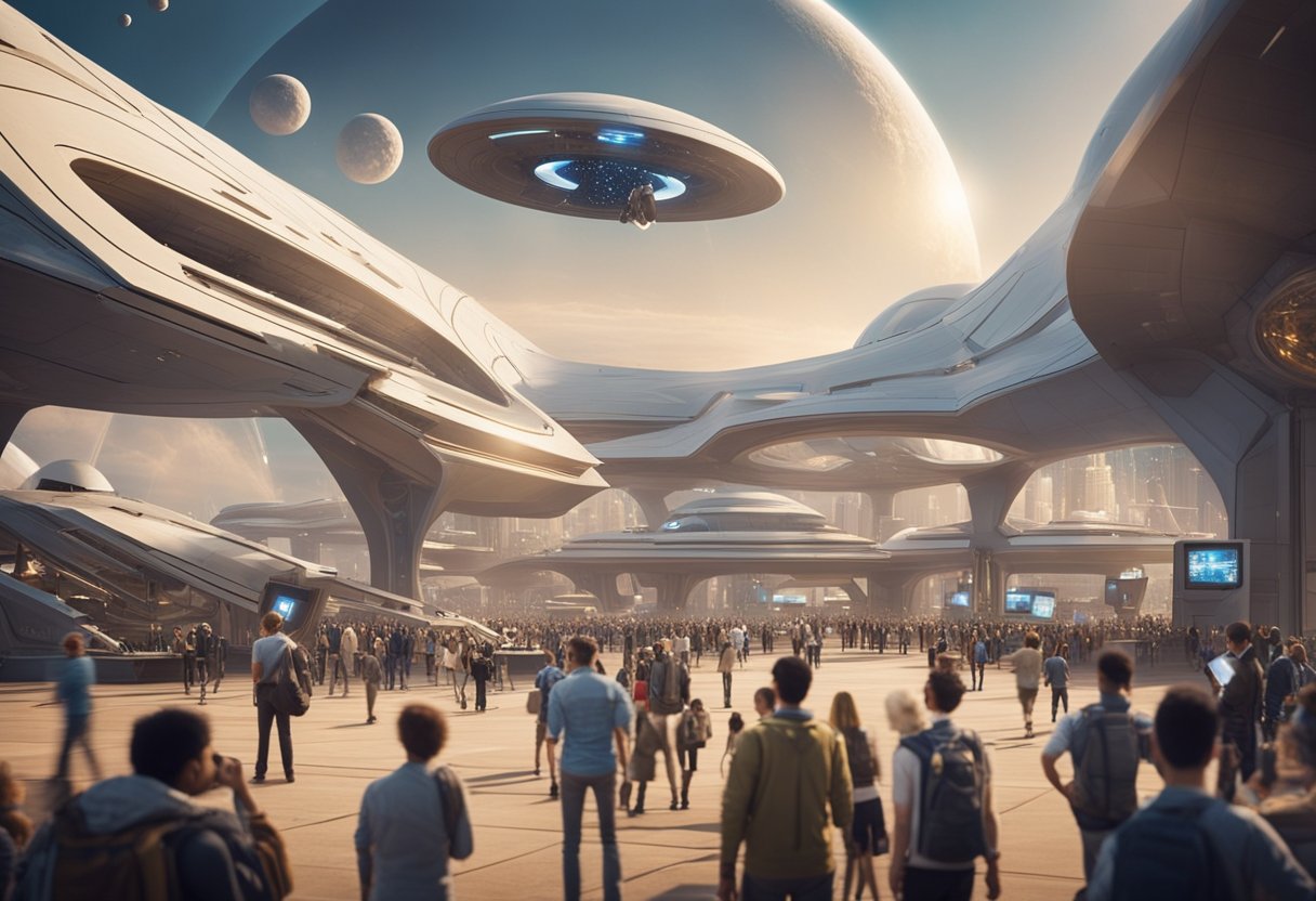 A bustling spaceport with futuristic architecture and spacecraft launching into the cosmos, surrounded by diverse groups of tourists and scientists