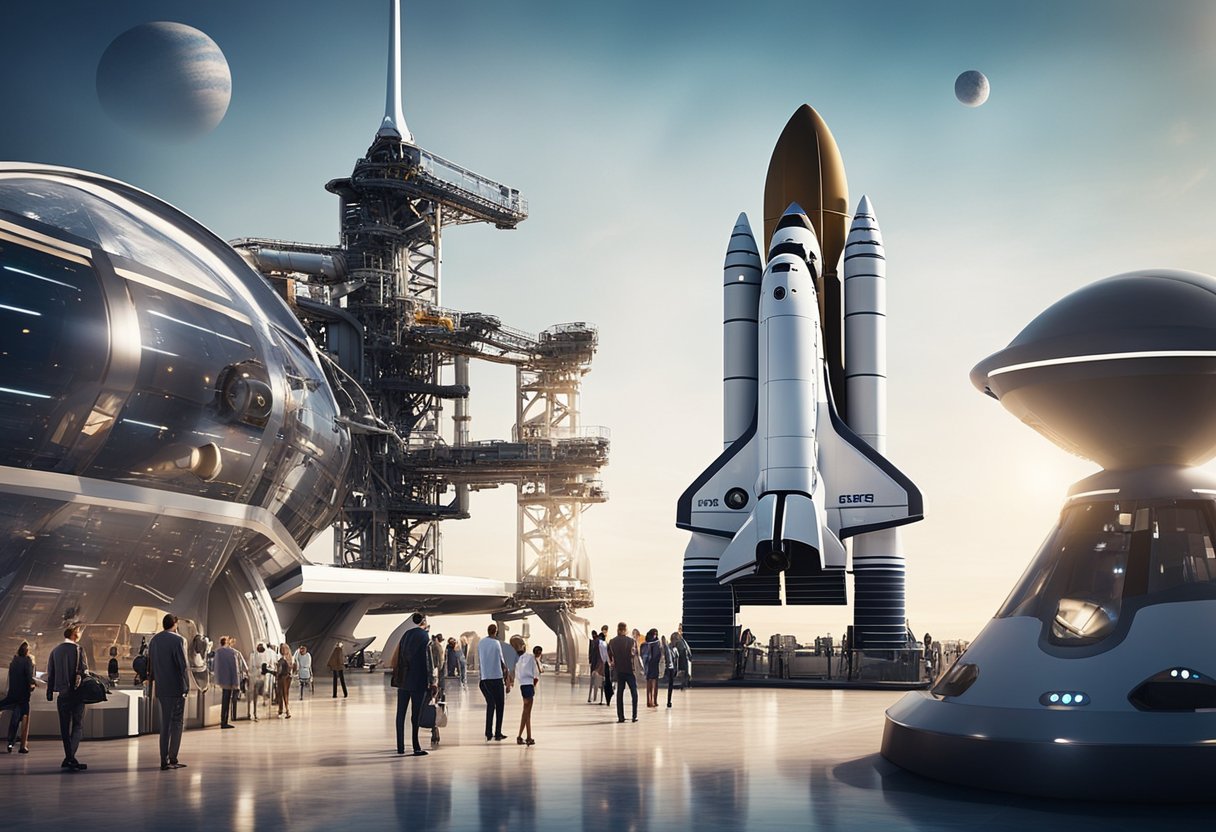 Private companies launch rockets and space shuttles from a futuristic spaceport, with tourists boarding spacecraft for their journey to space tourism destinations