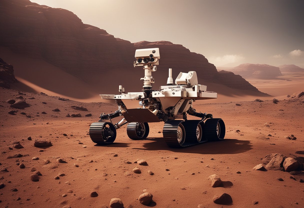 A rover explores the rugged, red terrain of Mars, with rocky mountains and a dusty sky in the background